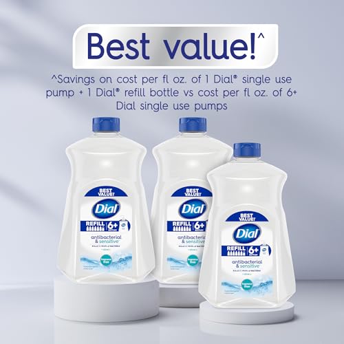 Image of Dial Antibacterial & Sensitive Liquid Hand Soap Refill, Hypoallergenic, Fragrance Free, 52 fl oz (Pack of 3)