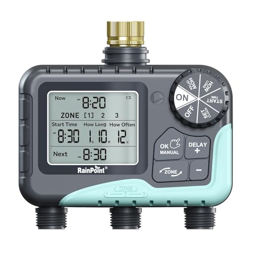 RAINPOINT Centralina Irrigazione 3 Uscite Con Ampio Display Lcd, ingresso in ottone, Timer Irrigazione Automatico Con Modalità Di Ritardo Pioggia/Manuale/Automatica per Prato Da Giardino