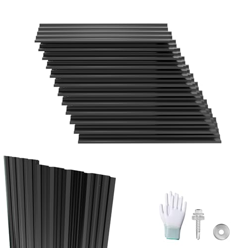 LZQ 12 pièces de tôle ondulée trapézoïdale 129,5x45 cm, 7 m² Tôles ondulées galvanisées en acier, tôle profilée pour abris de jardin, carport, Noir