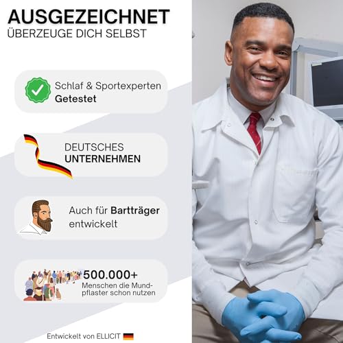 Ellicit Mundpflaster Schlafen, 30er Pack Premium Mouth Tape for sleeping, Anti Schnarch, Schnarchpflaster gegen Schnarchen, optimaler Halt auch mit Bart, 95% Baumwolle [bequeme Universalgröße]
