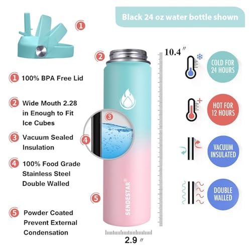 Image of SENDESTAR Stainless Steel Wide Mouth Water Bottle 24oz Double Wall Vacuum Insulated Leak Proof Bottle with New Flex Straw Lid & Spout Lid