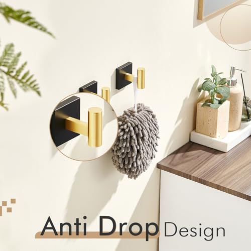 Image of KOKOSIRI Robe Hooks for Bathrooms Towel Hook Wall Mounted Coat Hooks, Bathroom Hardware 2 Pack Black with Gold Stainless Steel B1013GDK-P2