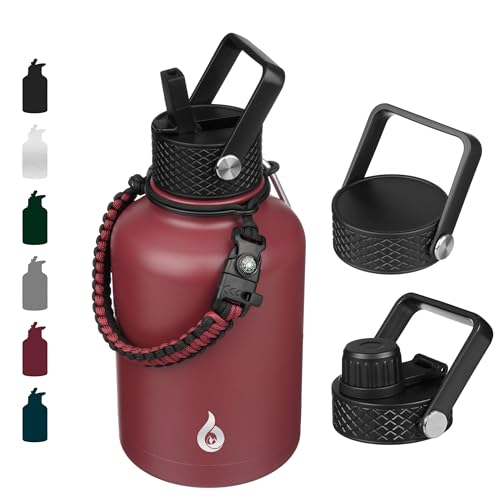 Image of BJPKPK Insulated Water Bottles with Straw Lid, 50oz Large Water Jug, Stainless Steel Vacuum Bottles, Hot & Cold Thermo with 3 Lids and Paracord Handle,Brick Red