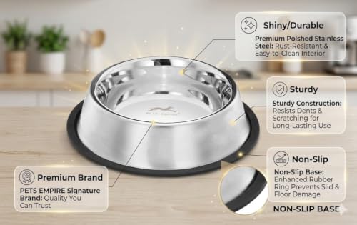 Image of Pets Empire Dog & Cat Bowls Stainless Steel, Pack of 3, Anti-Skid Feeding Bowls for Food & Water, Heavy Duty Metal Pet Bowl, Rust Proof, Dishwasher Safe for Puppies, Cats & Dogs (3, 2500 ML)