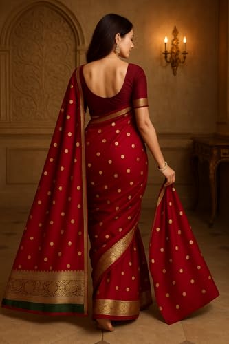 Image of Women's Glory Womens Kanjivaram Banarasi Silk Saree Blend Woven Zari with Jacquard Woven Unstitched Blouse Piece. (Pista Red)