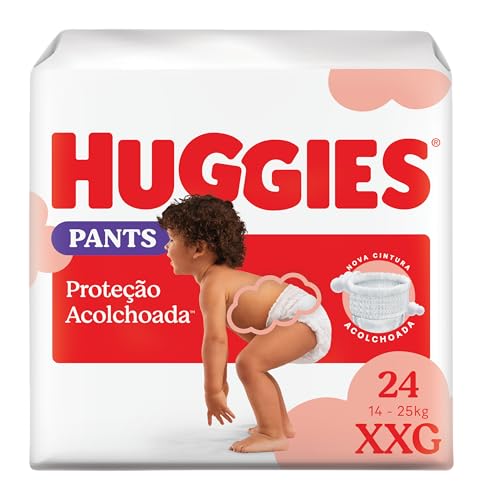 Fralda Pants Huggies Proteção Acolchoada Tamanho XXG 24 unidades – Nova fralda Supreme Care estilo roupinha, que veste como shortinho e com cintura acolchoada super macia que previne marquinhas, fácil de colocar e tirar (embalagem pode variar)