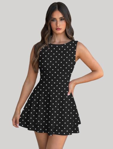 Image of IWD Women's Boat Neck Sleeveless Mini Dress Ruched Waist Flowy Tiered Ruffle Hem A Line Party Short Dresses