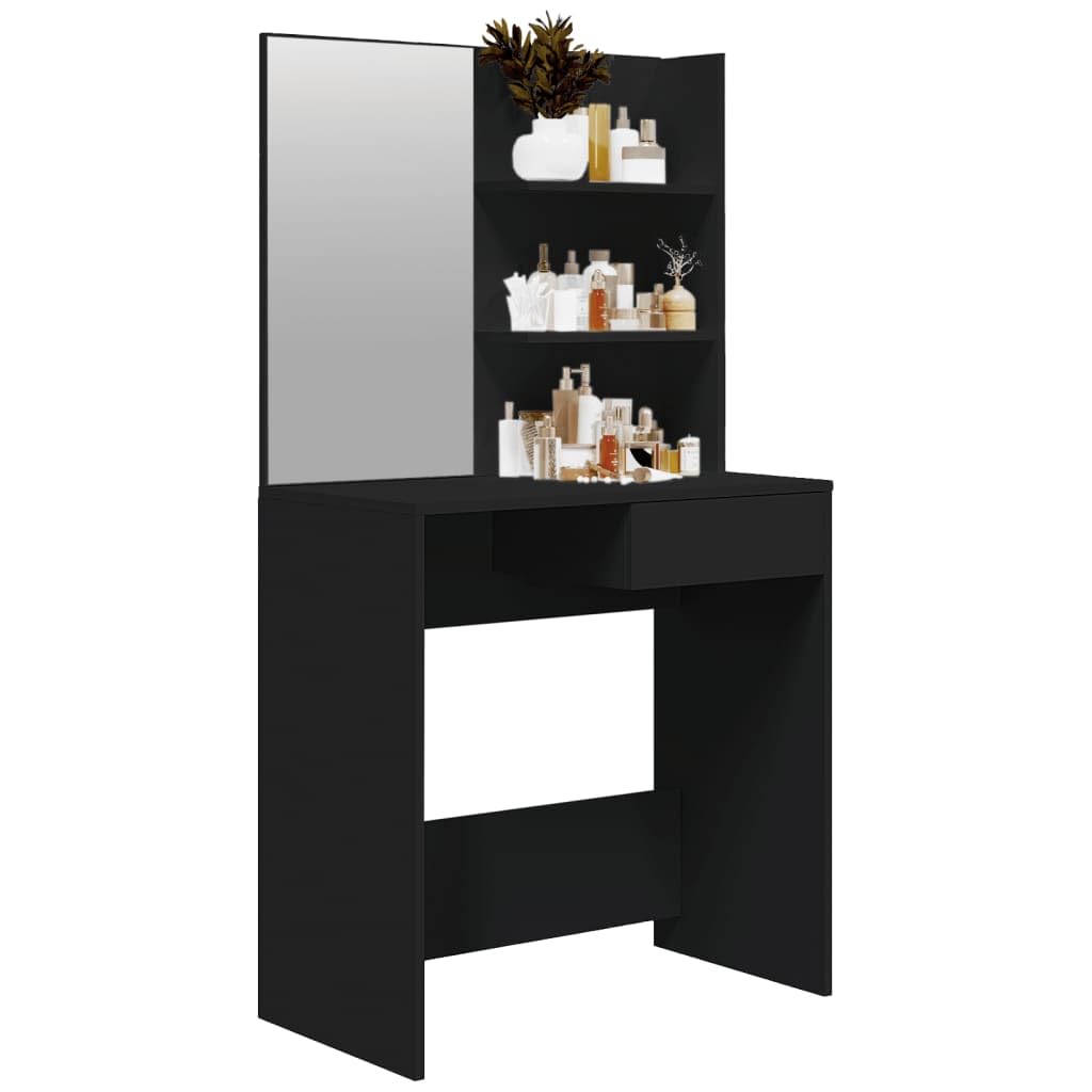 Mesa de tocador con espejo, amplio espacio de almacenaje, diseño moderno, negro, 74,5 x 40 x 141 cm, madera contrachapada, acrílico, para el cuidado personal diario