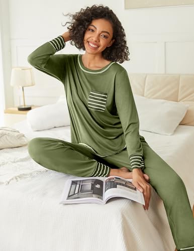 Image of Ekouaer 2 Pack Womens Pajama Sets Long Sleeve Lounge Sets Soft Pj Sleepwear Loungewear