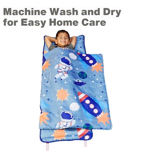 EVERYDAY KIDS Nap Mat w/Removable Pillow -Outer Space Adventures- Carry Handle with Straps Closure, Rollup Design, Soft Microfiber for Preschool, Daycare, Travel Sleeping Bag - Ages 3-6 Years