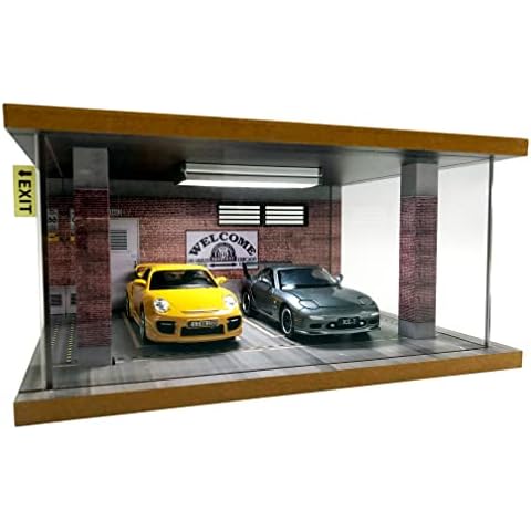 1/24 Scale Die-cast Car Garage Display Case with Clear Acrylic Cover and LED Lighting for 2 Parking Space (Route 66) Cover