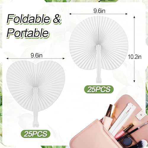 50 Pack White Folding Fans- Round and Heart Shaped Handheld Folding Accordion Paper Fans Assortment with Plastic Handle for Wedding Birthday Celebration Party Favors Bag Filler - Thumbnail 3