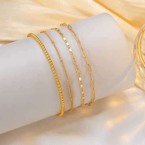 Image of Tewiky Waterproof Ankle Bracelets for Women, 14K Real Gold Plated Anklets for Women 6PCS Anklet Set Dainty Summer Beach Jewelry