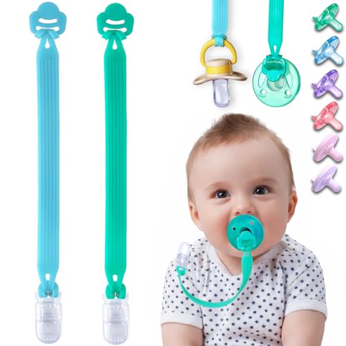 Image of Silicone Pacifier Clip with Adapter Ring for Philips Avent Soothie, 2 Pack One-Piece Soft Binky Clips Holder for Baby Boys Girls, Anti-Loss Paci Clips for Baby Shower Newborn Essentials, Blue Green