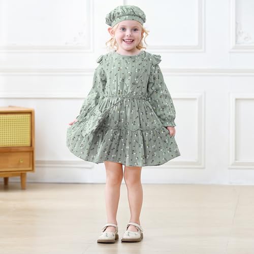 Toddler Girl Dress Kids Long Sleeve Ruffle Dresses Fall Winter Outfit Hat Bag Floral Girls Casual Playwear Dress2