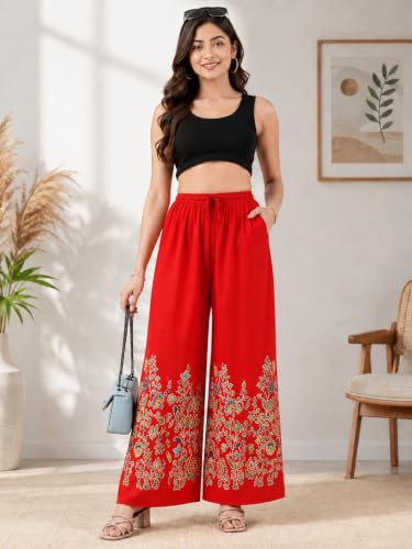Image of Women's Rayon Bird Flower Print Loose fit Palazzos Pants Free Size 28 to 40