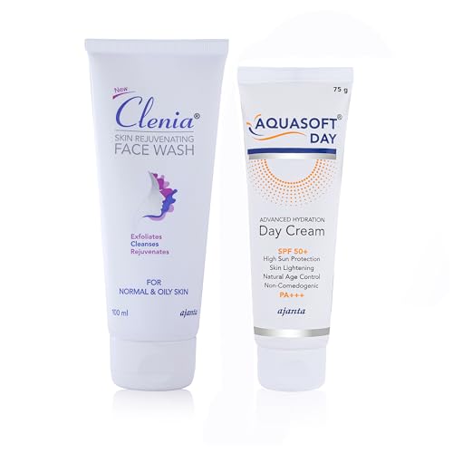 Image of Clenia Skin Rejuvenating Face Wash (100g) & Aquasoft Day SPF 50+ Cream (75g) - Brightening Cleanser & Hydrating Sunscreen Duo for Glowing Skin