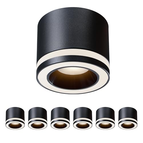 mega lumen 6er Set Deckenspots Schwarz, LED Aufbauspot Dimmbar Deckenstrahler, für Flur Wohnzimmer, LED-Modul 230V Blendfrei 5W 550lm CRI90+ 3000K/ 4000K/ 6500K
