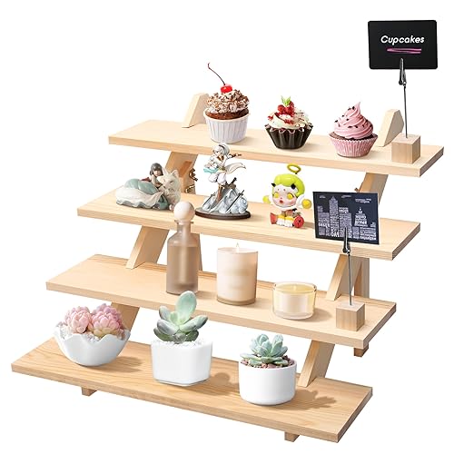 Fippkargo Wooden Display Stands Wood Cupcake Stands, 4 Tiered Shelf for Display Ideal Craft Funko Pop Shelves Table Display Stand for Party Vendors Wood Riser