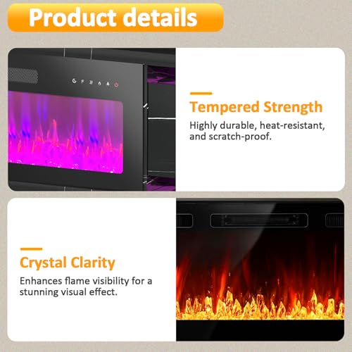 Image of 36 inch Electric Fireplace Insert, Wall Mounted & Recessed Heater, Slim Freestanding Indoor Fireplace with Remote Control, Adjustable Flame Colors & Brightness, Timer, 1400W