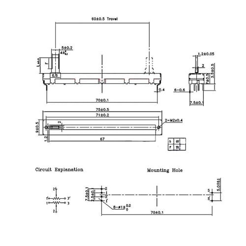 JZK 5 Stück 75 mm B103 10 K Ohm Schiebepotentiometer Bilinear 10 K elektronisches Potentiometer, 10 K Mixer Fader B10 K Dual Straight Slide Potentiometer B103