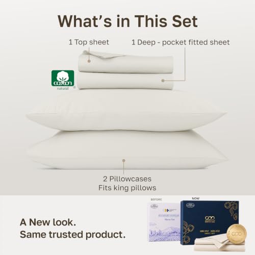 Image of California Design Den 1000 Thread Count Cotton King Size Sheets Set, 4 Pcs | Backed by Good Housekeeping Seal - 100% Cotton Sateen - Soft, Thick & Heavy, 16 inch Deep Pocket, Durable - Eggshell Cream