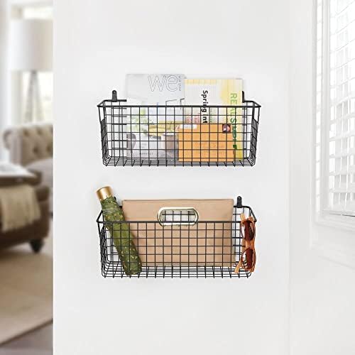 mDesign Hanging Storage Basket  Wall-Mounted Wire Basket for Organising Hallways, Laundry Rooms, Bedrooms  Multipurpose Organiser Tray for The Home  Set of 2  Black