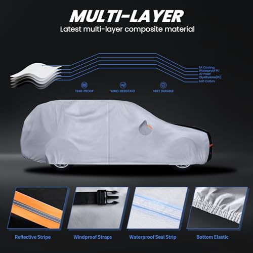 Image of Multi-Layer Car Cover Custom Fit for Dodge Durango(1998-2026), 100% Waterproof All Weather for Automobiles, Gift with Towel, Heavy Duty Car Covers for Rain Sun UV Protection with Door Zipper