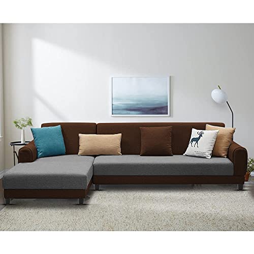 Image of Kraven LHS 6 Seater L Shape Sofa Set for Living Room (Grey Brown Fabric)