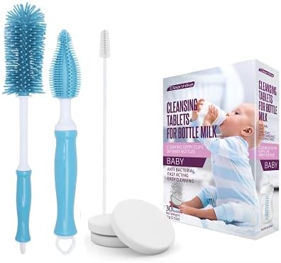 Blue (3) Baby Bottle Silicone Brushes and (30 Pack) Baby Milk Bottle Cleaning Tablets, Water Bottle Tumbler Cleaner
