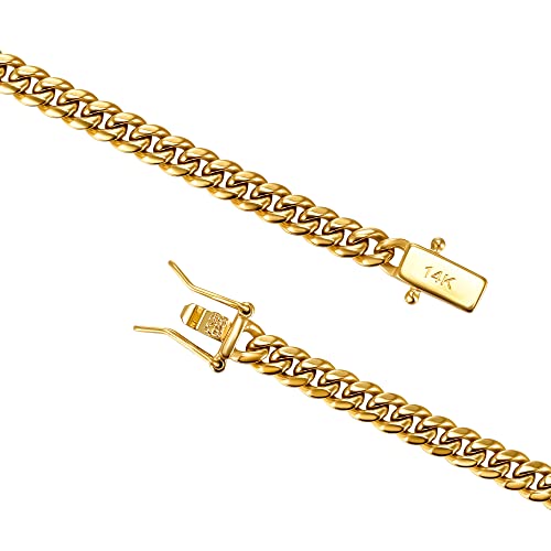 4mm 6mm Miami Cuban Link Chain 14K REAL Gold Plated 316L Stainless Steel Solid Necklace Bracelet for Womens Mens(Double Safety Clasp, Custom Box and Pouch Packing, Christmas Gift)2