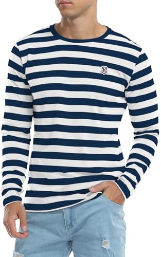 KUYIGO Mens Long Sleeve Embroidered T-Shirt Cotton Classic Striped Shirt Fashion Top M White Navy
