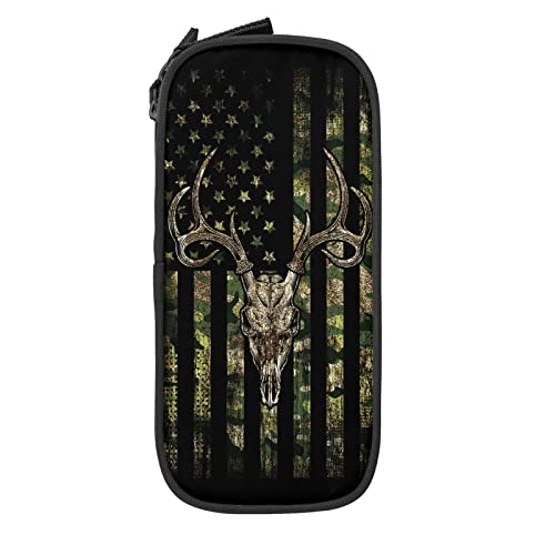 Image of YETTA YANG Hunting Camo Camouflage American Flag Green Black Deer Skull Pencil Box Case for Pen Holders Office Supplies Big Capacity large