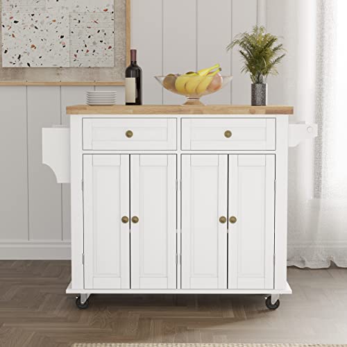 Squireewo Kitchen Cart With Wood Top Breakfast Bar, Rolling Mobile Kitchen Island Table On Wheels With Drawer And Storage Cabinet, Spice Rack, Towel Rack, White #TOP4