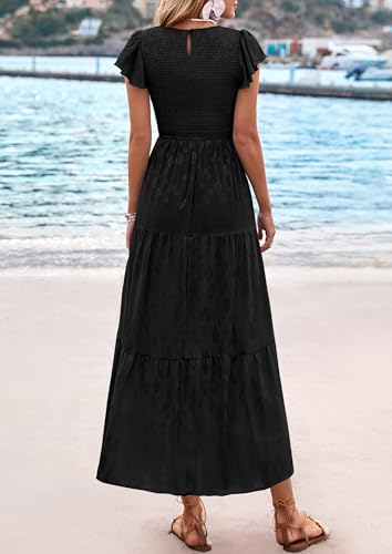 PRETTYGARDEN Midi Dresses for Women 2026 Summer Floral Cap Sleeve Smocked A Line Long Elegant Spring Wedding Guest Dress (Black,Medium) - image 7