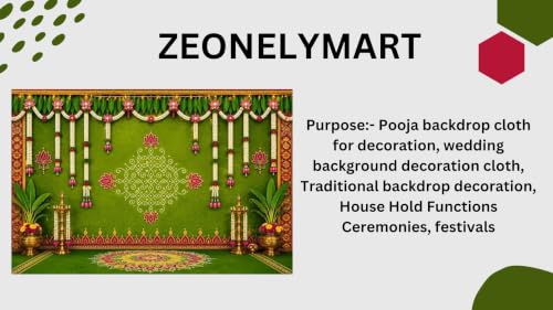 Image of Bride Backdrop Decoration | Housewarming Green Muggu Backdrop with Hanging White Jasmine and Pink Lotus Garlands 8x8 Feet | Lakshmi Backdrop Cloth for Decoration Pooja