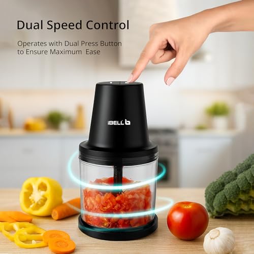 Image of iBELL Electric Chopper for Kitchen Use with 840ml Large Transparent Bowl, 2 Speed Control, Multipurpose Food Chopper for Chopping, Mincing, Dicing, Pureeing, Whisking & Ice Crushing (Black)