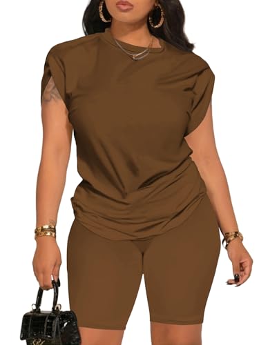 Aomice Womens Summer 2 Piece Outfits Tracksuits Biker Short Workout Jogger Sets Brown 2XL