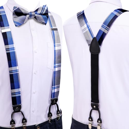 Image of Hi-Tie Checked White Grey Blue Suspender Bowtie for Men Adjustable Y-Shape 6 Clips Trouser Braces Pre-Tied Bow Tie with Handkerchief Cufflinks