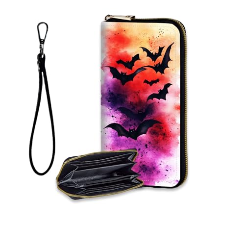 RFID Blocking Women's Wristlet Purse - Detachable Wrist Strap, Compact Foldable Design with 12 Card Slots & Zip Pocket Wallet for Travel,Gym,Watercolor Bats Halloween