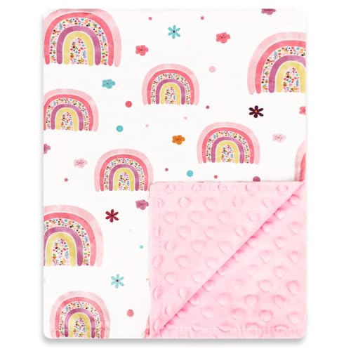 Image of Pea Pod Baby Girls Blanket Soft Rainbow Minky Blanket for Newborn, 30'' x 40'' Double Layer Design, Dotted Backing Warm Baby Quilt Crib Blanket for Nursery /Stroller /Toddler Bed /Baby Car Seat