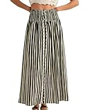 InterNos Womens Striped Maxi Skirt Trendy Front Buttons Elastic Waistband A-Line Boho Long Skirt with Pockets(0992-Black-L)
