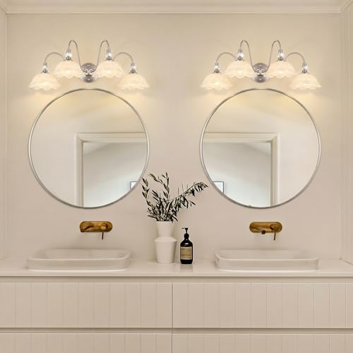 Image of Brushed Nickel Bathroom Vanity Light, 4-Light Vanity Light with Floral White Glass Shades, Brushed Nickel Wall Mount Lighting for Bathroom, Dressing Table