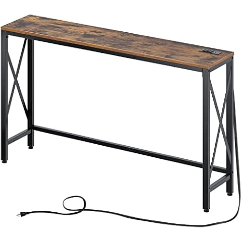Rolanstar Console Table with Power Outlet, Narrow Sofa Table, 55” Farmhouse Table behind Sofa Couch Hallway Entrance for Living Room, Entryway, Foyer, with Metal Frame and Adjustable Feet,Rustic Brown Cover