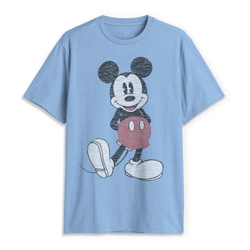 Image of Disney Men's Full Size Mickey Mouse Distressed Look T-Shirt | Officially licensed, 100% cotton, sizes S to 2X, size up recommended, Disney fan gift, crew neck, pop culture tee