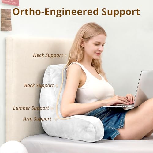 Image of Sasttie Reading Pillow for Bed, Back Pillow for Sitting Up, White | 18 inch Backrest Support Cushion for Couch, Sofa, and Floor, Dorm Essentials, OEKO-TEX, Adjustable Down Alternative Fill