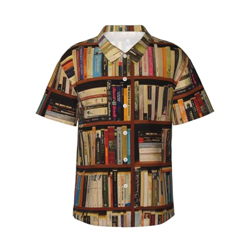FBGHHTY Neat Bookshelf Print Camisa hawaiana de manga corta para hombre, verano, casual, vacaciones, playa, aventuras al aire libre, Negro, M