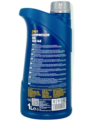 HTE MANNOL 2901 Compressor Oil ISO 46 (1L) - Professional Ashless Mineral Oil for Rotary Screw & Piston Compressors - German Quality Air Tool Lubricant - High Thermal Stability - Anti-Wear & Anti-Rust