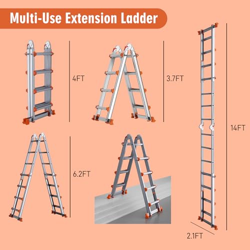 Image of A Frame Ladder, 14FT Aluminum 4 Step Ladder Foldable, 330LBS, Silver Orange