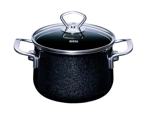RIESS 0701-009 Fleischtopf mit Glasdeckel, Nouvelle- BLACK MAGIC EXTRA STARK, Durchmesser 16cm, Höhe 18 cm, Inhalt 2 Liter, Emaille, schwarz, Induktion